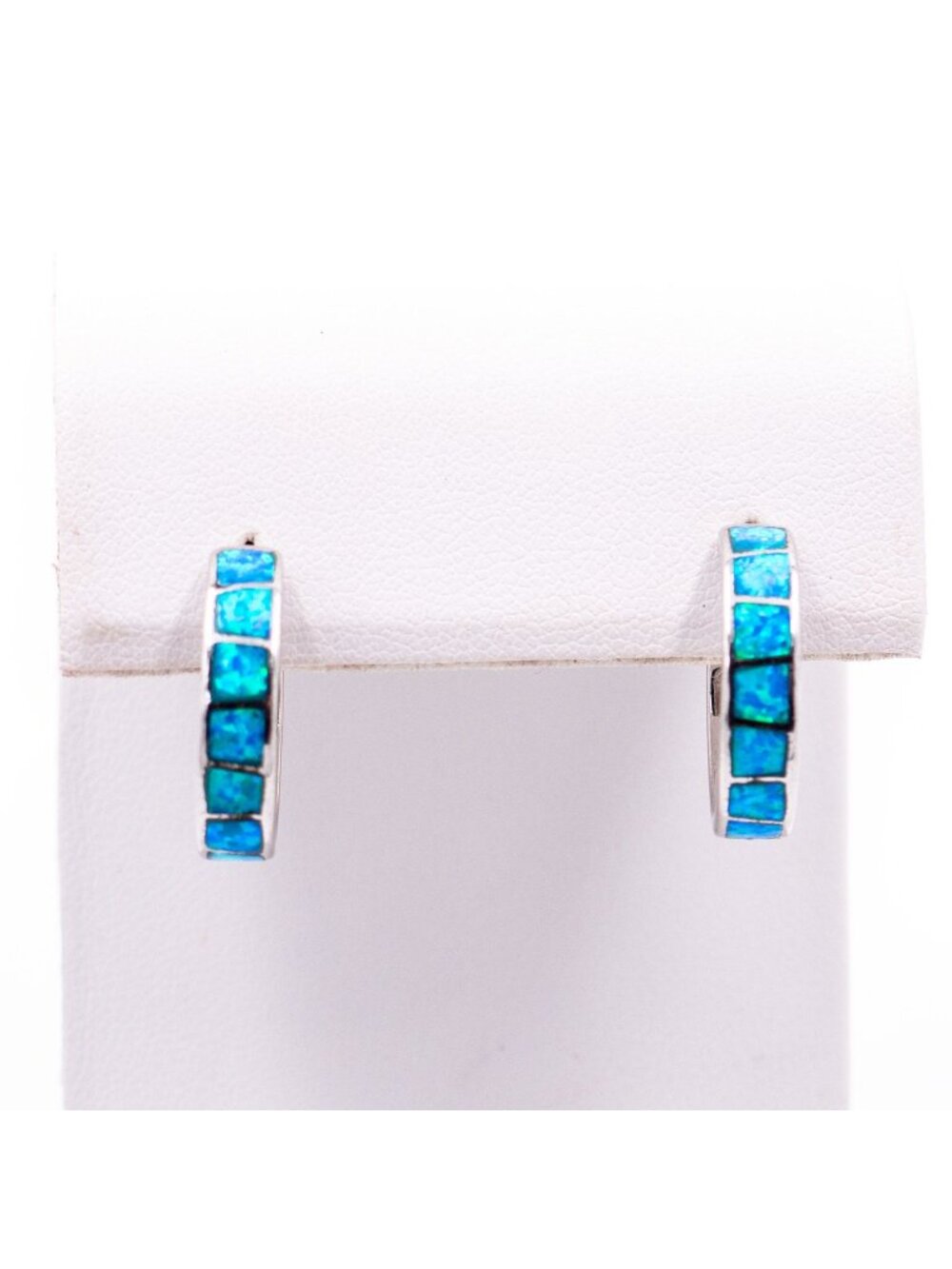 Sterling Silver Blue Opal Inlay Hoop Earrings Huggie Hoops October Birthstone